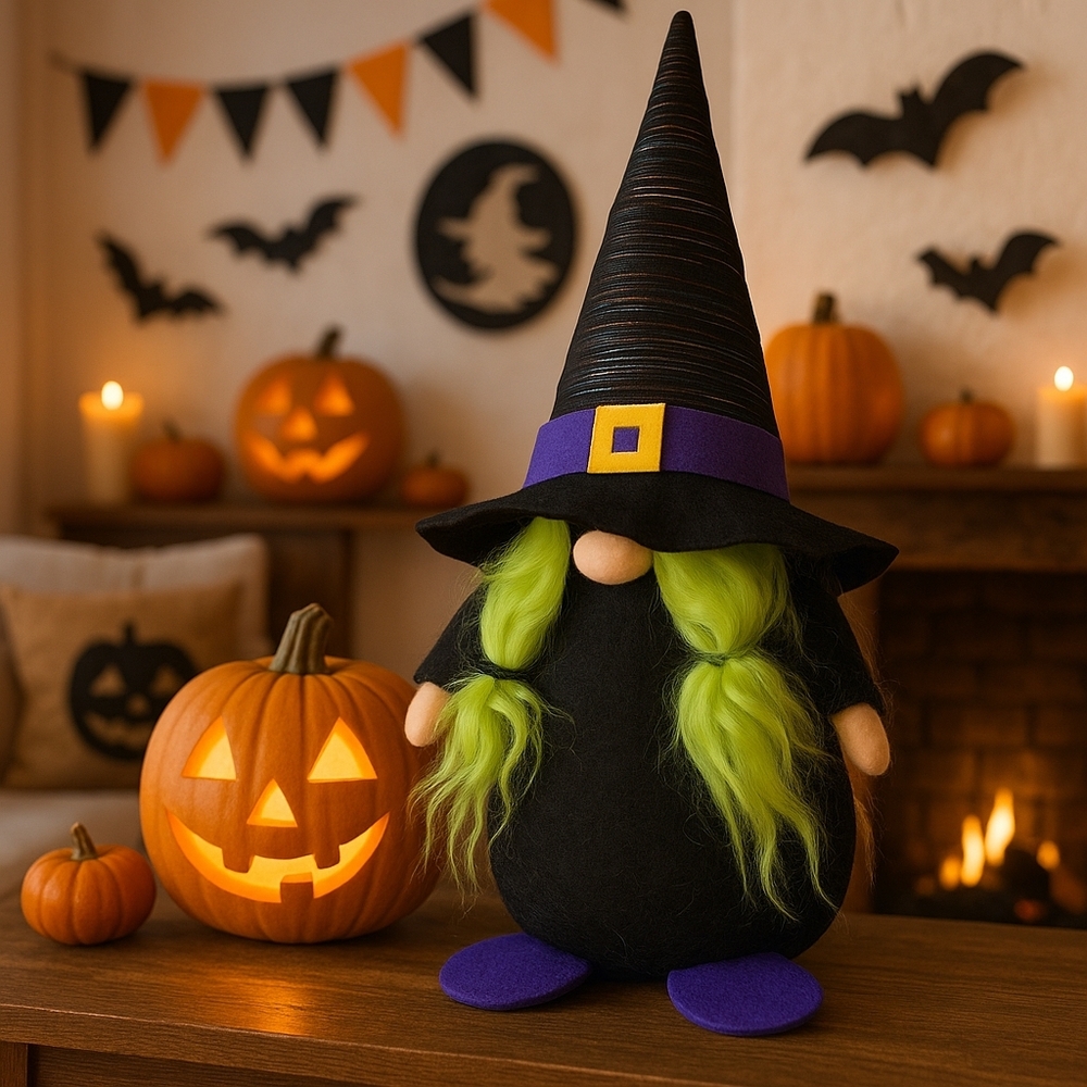 Adorable Witch Gnome Plush – Halloween Decoration with Green Hair & Pointed Hat